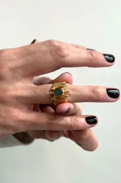 Anillo Dorado Ajustable Con Labradorita Grisácea