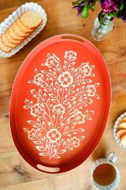 Bandeja Oval Teja Con Flores Blancas Pintadas