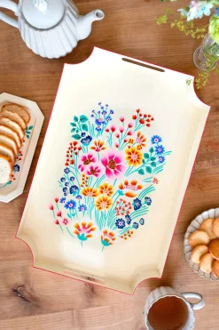 Bandeja Rectangular Beige Con Flores De Colores Pintadas A Mano