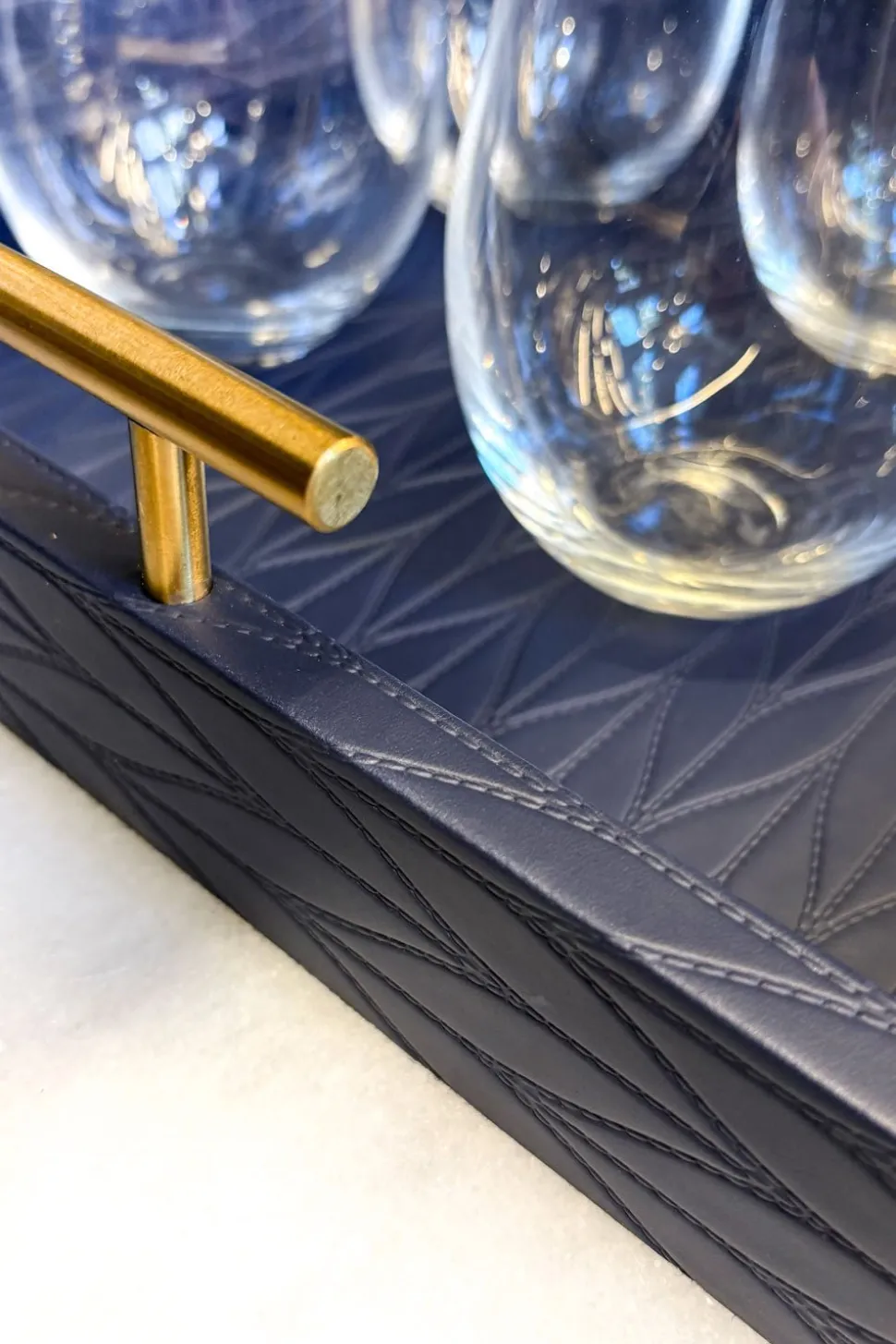 Bandeja Rectangular De Cuero Azul Con Asas