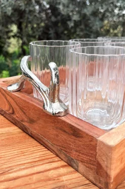 Bandeja Rectangular De Madera Con Asas Plateadas Cuernos Ciervo