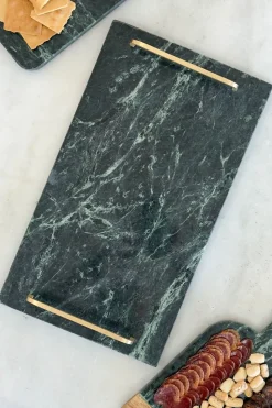 Bandeja Rectangular De Mármol Verde Con Asas Doradas