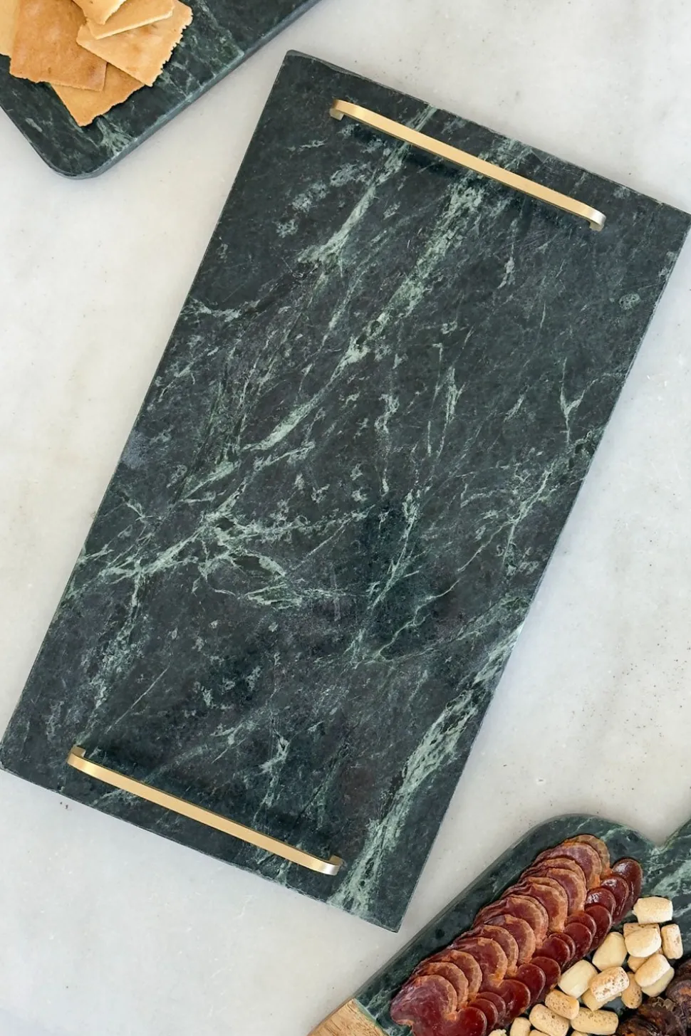 Bandeja Rectangular De Mármol Verde Con Asas Doradas