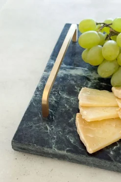 Bandeja Rectangular De Mármol Verde Con Asas Doradas