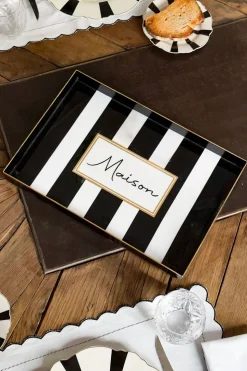 Bandeja Rectangular Rayas Blancas Y Negras Con Mensaje "Maison"