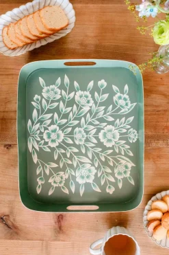Bandeja Rectangular Verde Con Flores Blancas Pintadas