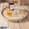 Bandeja Redonda De Madera Y Aluminio Con Asas De Ratán