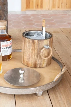 Bandeja Redonda De Madera Y Aluminio Con Asas De Ratán