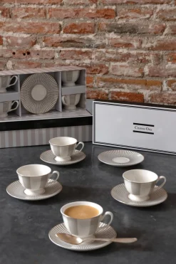 Caja De Regalo Tazas Espresso Grises Y Cucharitas De Bronce