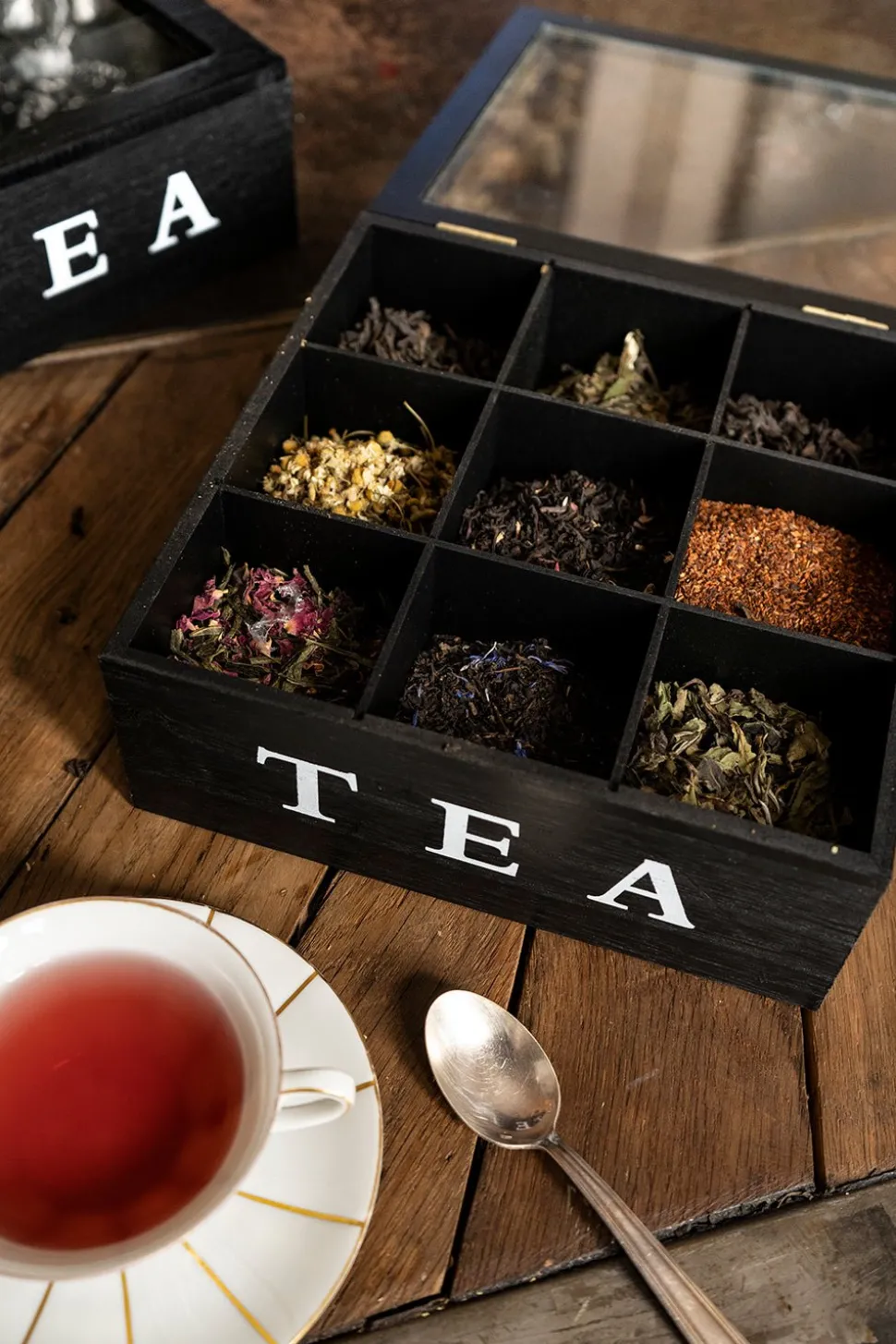 Caja de Té de Madera con 9 Compartimentos