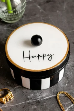 Caja Decorativa Rayas Blancas Y Negras Con Mensaje "Happy"