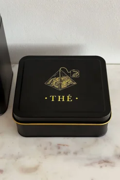 Caja Metálica Negra Con Ilustración Dorada Para Té