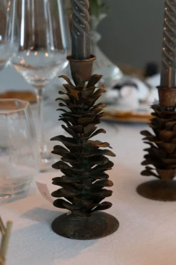 Candelabro Con Diseño De Pino Verde Y Dorado De Metal Grande