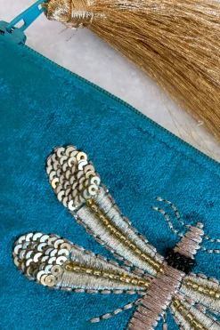 Cartera De Terciopelo Azul Con Libélula Bordada