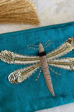 Cartera De Terciopelo Azul Con Libélula Bordada