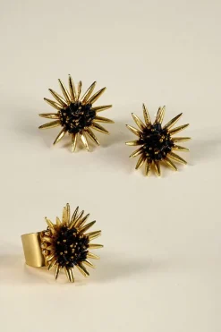 Combinación Anillo & Pendientes Dorados Diseño Girasoles Negros