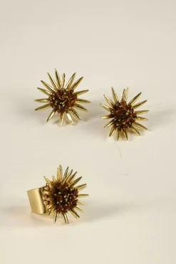 Combinación Anillo & Pendientes Dorados Diseño Girasoles Marrones