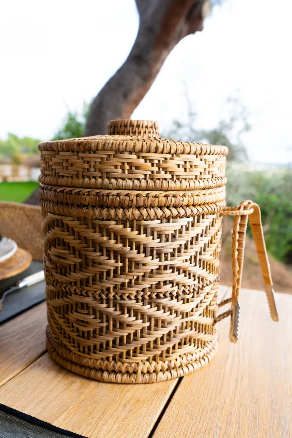 Cubitera De Ratán Diseño Trenzado Con Tapa Y Pinza