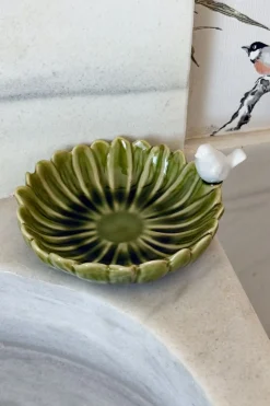 Cuenco Decorativo Verde Flor Con Pájaro Blanco