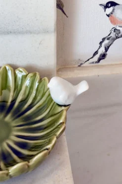 Cuenco Decorativo Verde Flor Con Pájaro Blanco