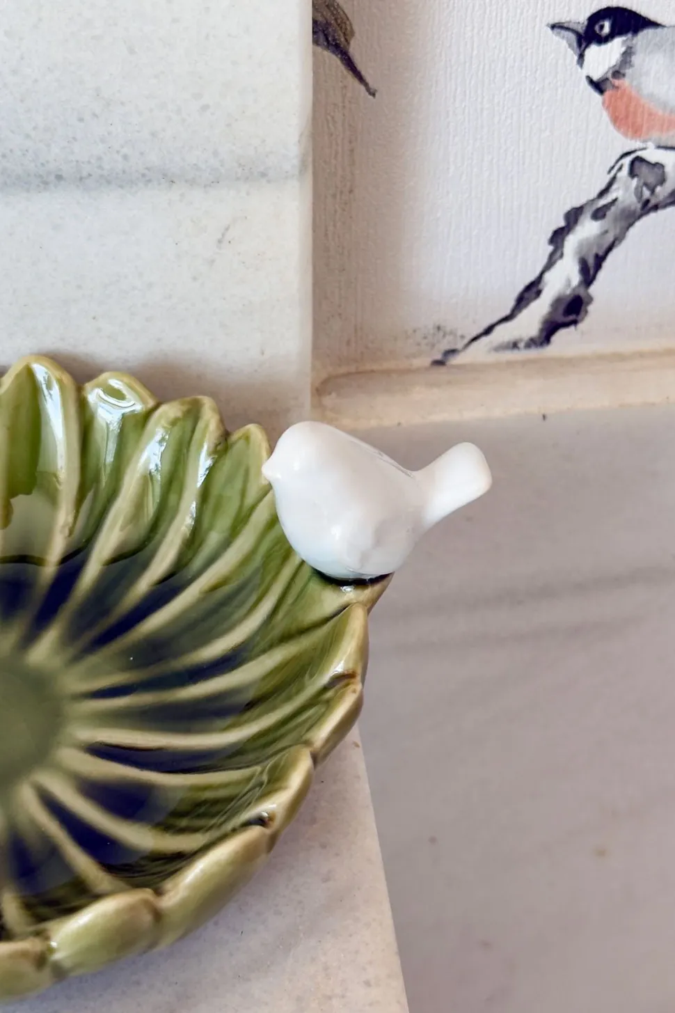 Cuenco Decorativo Verde Flor Con Pájaro Blanco
