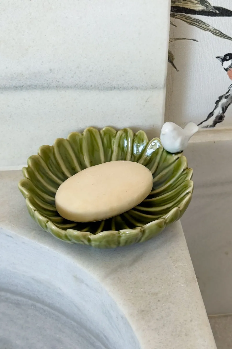 Cuenco Decorativo Verde Flor Con Pájaro Blanco