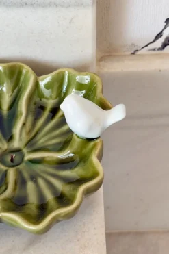 Cuenco Decorativo Verde Flor Irregular Con Pájaro Blanco