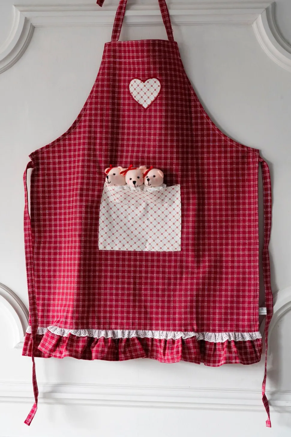 Delantal De Niños Con Diseño De Osos & Cuadros Rojos