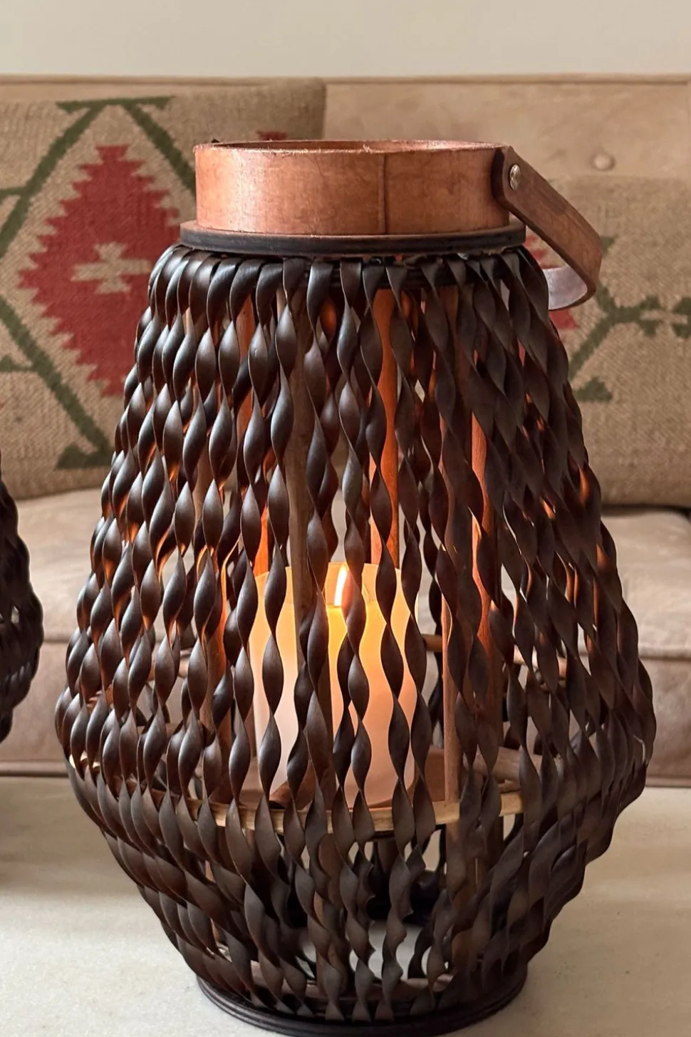Farolillo Con Diseño Trenzado De Cuero Grande