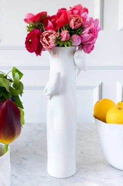 Florero Porcelana Blanco Con Pájaros Mediano