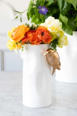 Florero Porcelana Blanco Con Pájaros Dorados Pequeño
