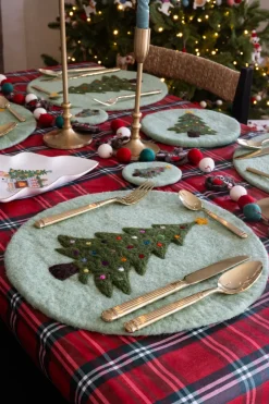 Individual De Fieltro Verde Con Diseño De Árbol De Navidad