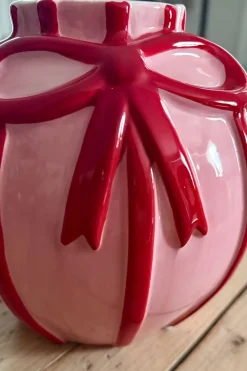 Jarrón De Porcelana Rosa Con Lazo Rojo