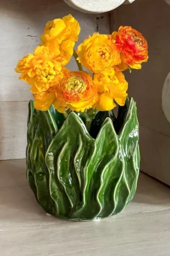 Jarrón Grande Con Diseño De Hojas Verdes