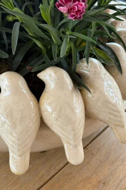 Jarrón Redondo Con Diseño De Pájaros Blanco