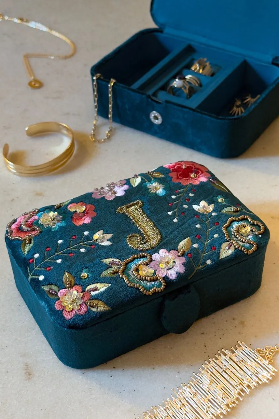 Joyeros De Terciopelo Con Iniciales Y Flores Bordadas