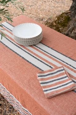 Mantel De Lino Color Teja Con Rayas Beige & Grises