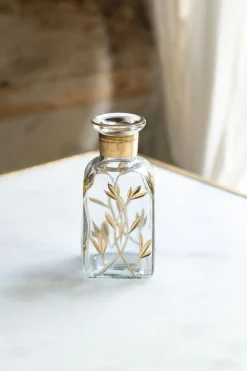 Mini Florero Rectangular De Cristal Con Flores Doradas Pintadas A Mano