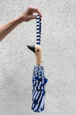 Paraguas Con Diseño De Rayas Negras & Puntos Azules Y Mango Con Cabeza De Pato
