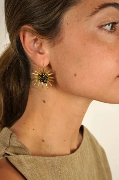 Pendientes Dorados Con Diseño De Girasoles Negros