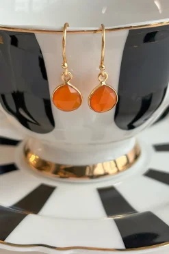 Pendientes Dorados Con Piedras Cornalinas Naranjas