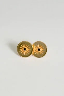 Pendientes Dorados Redondos Con Diseño De Sol Y Circonita Negra