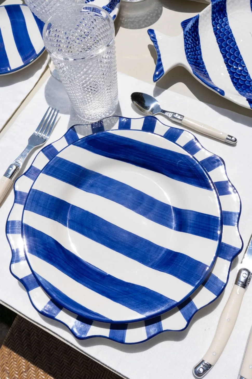Plato De Postre De Cerámica Con Diseño De Rayas Azules