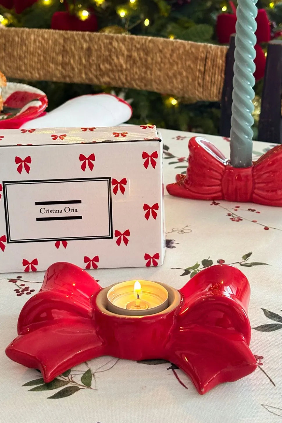 Portavelas Con Diseño De Lazo Rojo Grande