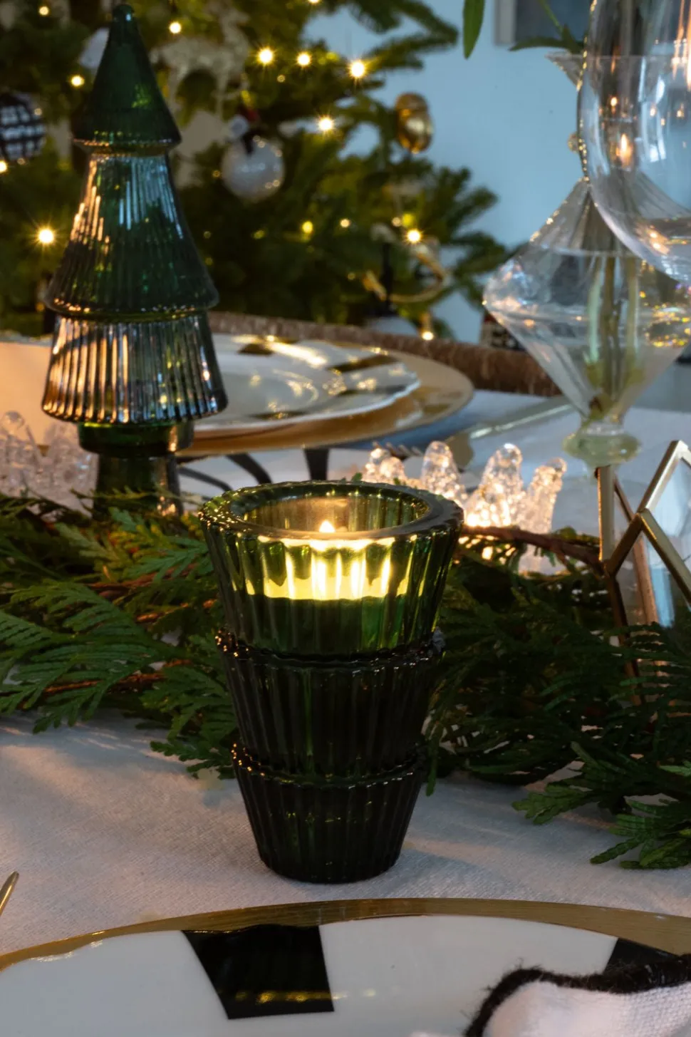 Portavelas De Cristal Con Diseño De Árbol Verde