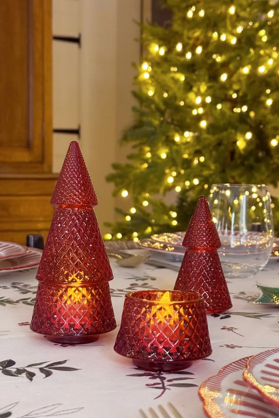 Portavelas Desmontable De Cristal Con Diseño De Árbol Rojo Picos Pequeño