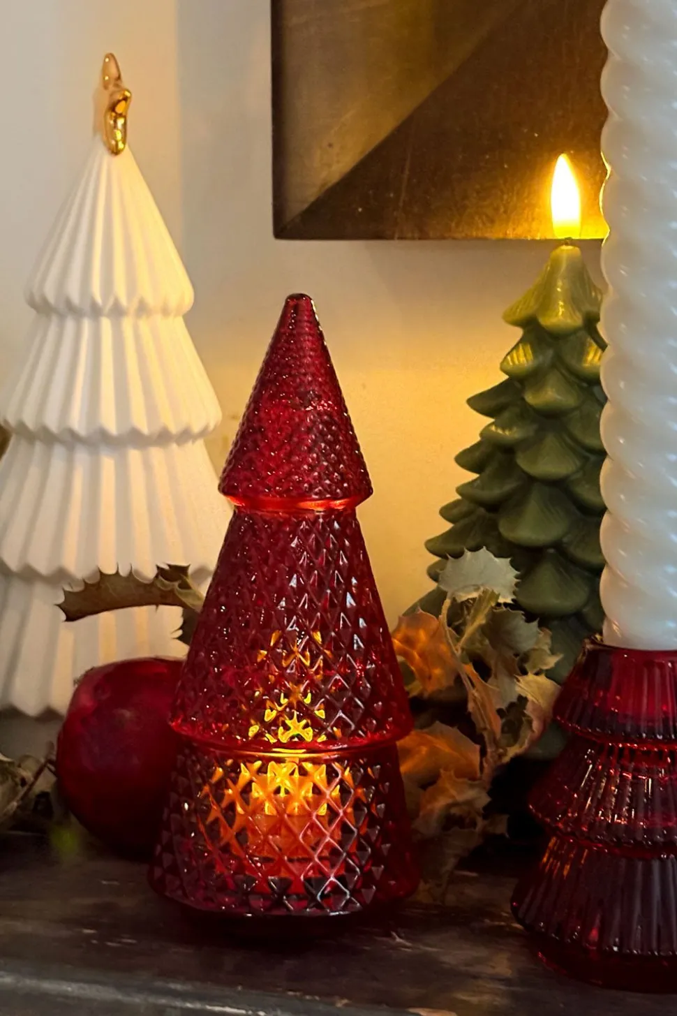 Portavelas Desmontable De Cristal Con Diseño De Árbol Rojo Picos Pequeño