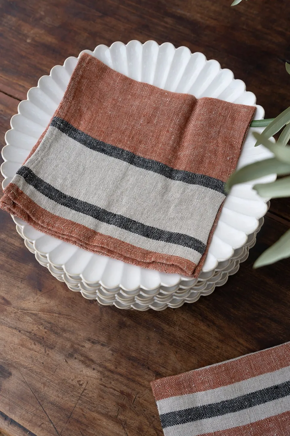 Servilleta De Lino Color Teja Con Rayas Beige & Grises