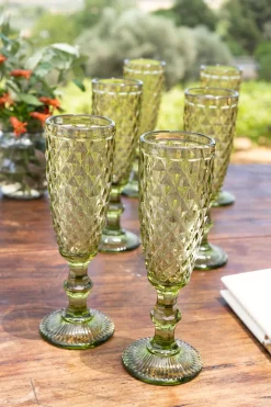 Set 6 Copas Cristal Champagne Verde Rombos