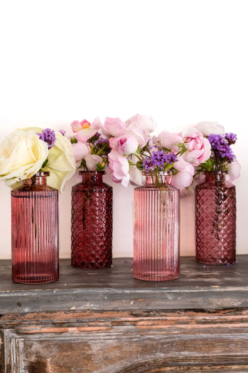 Set 4 Floreros De Cristal Rosados